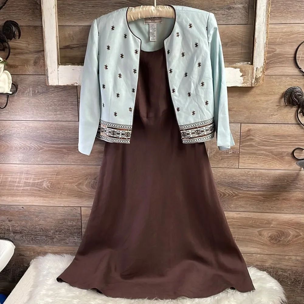 Jessica Howard 2 pc Dress Linen Tank Dress Jacket Teal Brown Sz 4 Petite Vtg